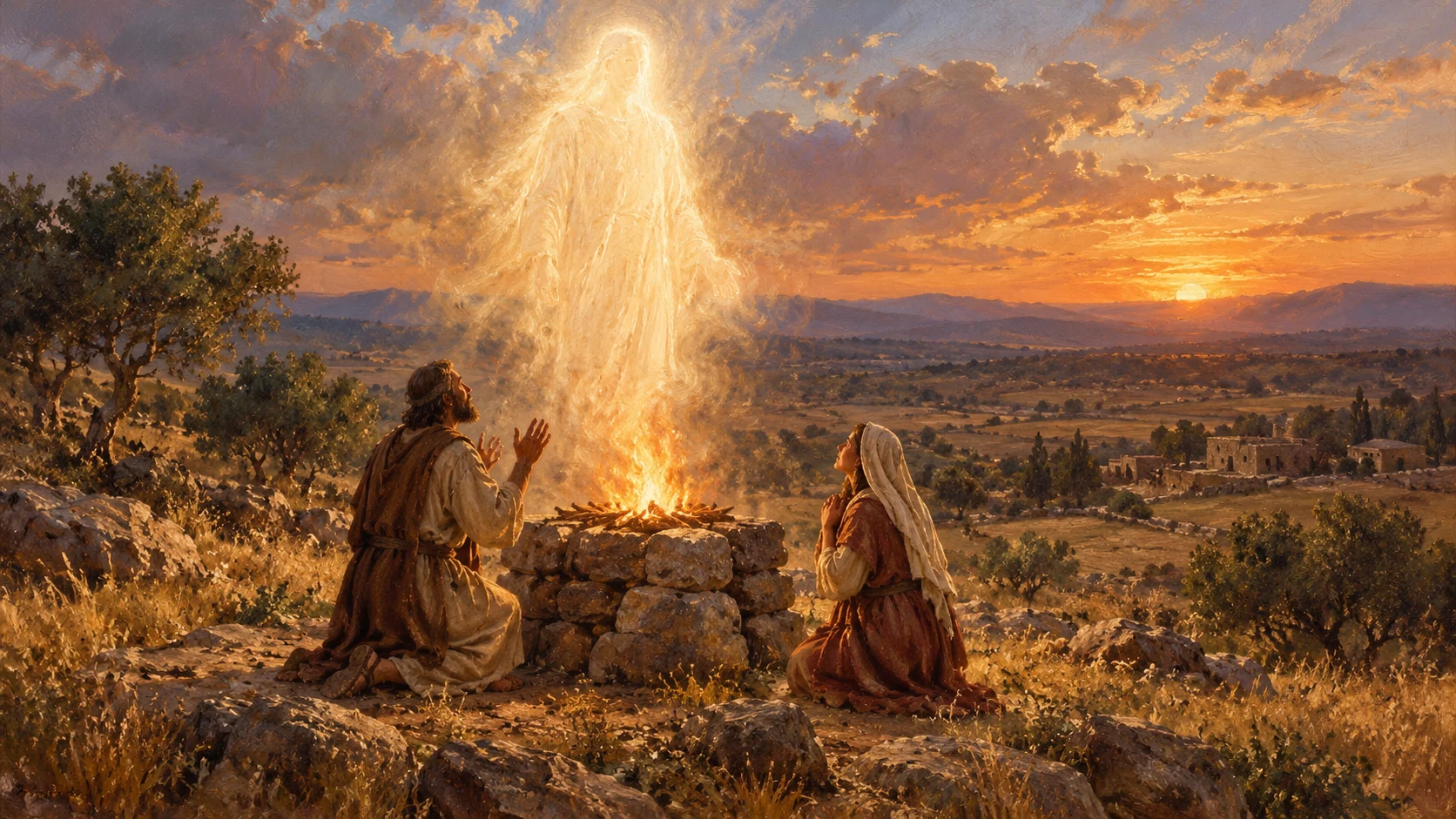 Manoá e sua mulher ajoelhados junto a um altar de pedras; a chama sobe e o anjo do Senhor aparece como uma presença de luz, sem rosto.