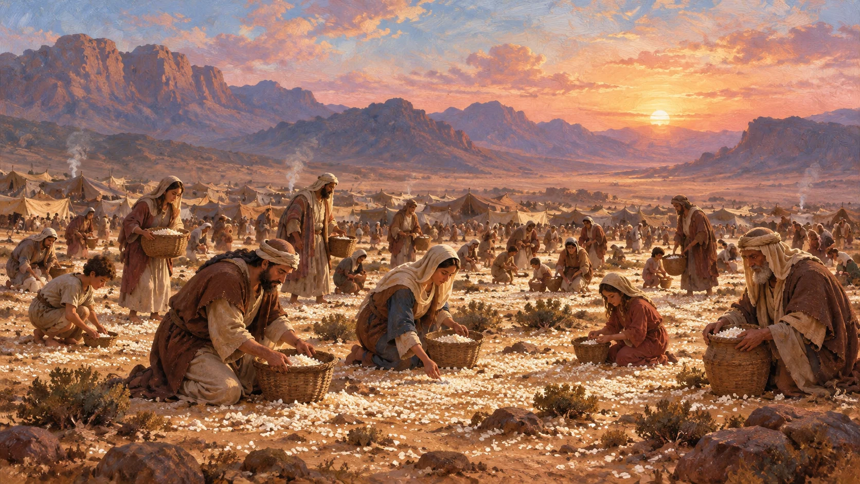 O maná ao amanhecer no deserto: o chão coberto de grãos brancos, famílias israelitas colhendo com cestos, o acampamento de tendas e as montanhas ao fundo.