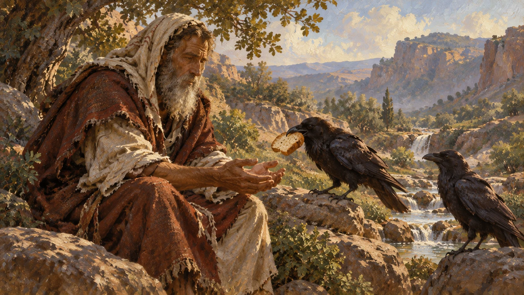 Elias sentado numa pedra junto ao ribeiro de Querite, de mãos estendidas, enquanto um corvo lhe traz pão no bico.