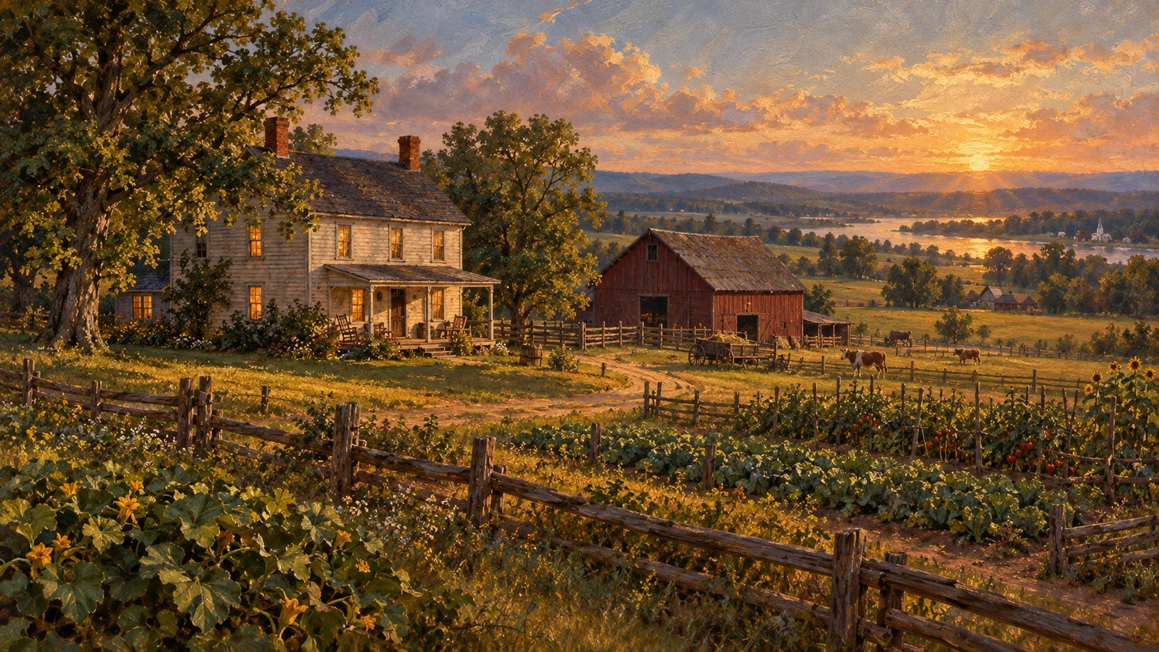 Uma casa de fazenda de madeira, de dois andares, com as janelas acesas ao pôr do sol; celeiro, cerca e horta ao redor. Michigan, 1863.