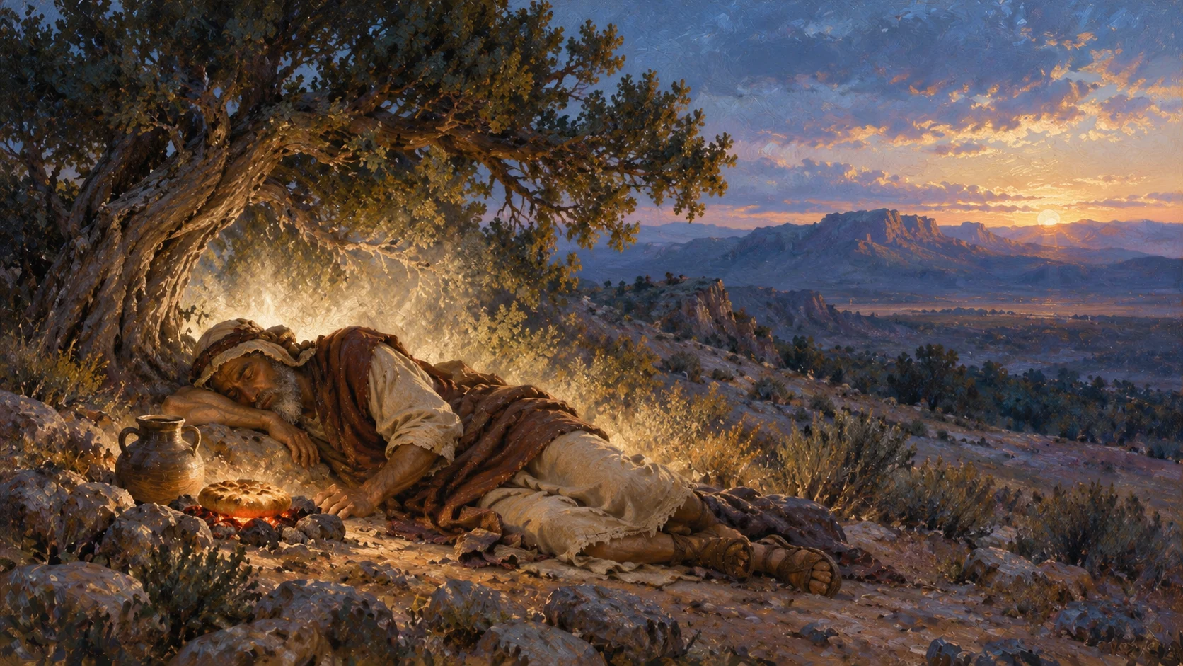 Elias adormecido debaixo do zimbro no deserto, envolto por uma luz suave; junto à cabeça, um pão sobre brasas e uma botija de água.